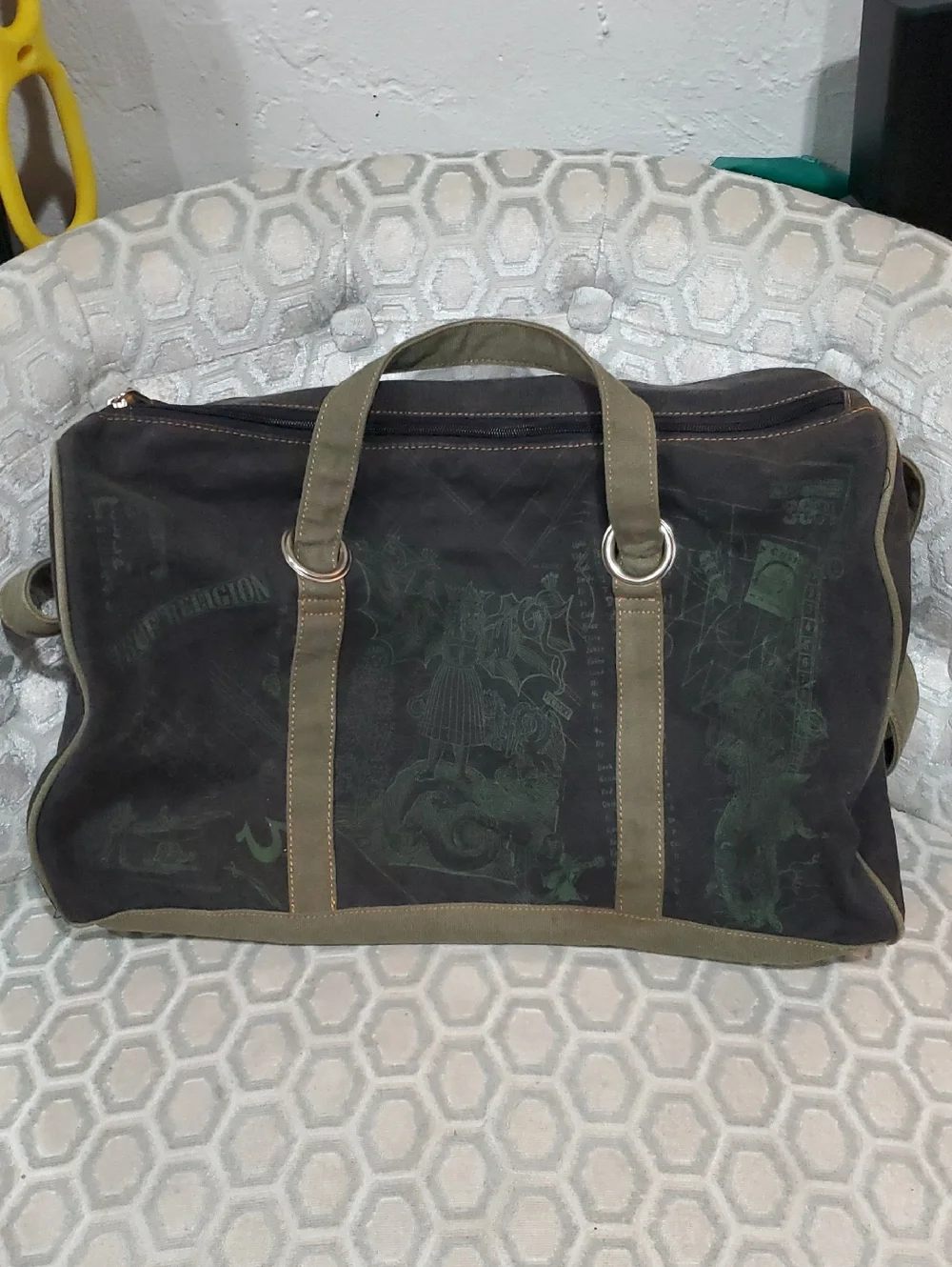True Religion Canvas Duffel Bag in Black and Olive Trim